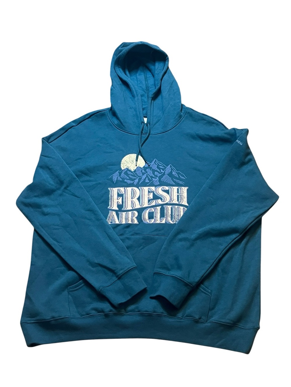 Columbia Women’s XL Fresh Air Club Graphic Hoodie in Teal Blue Front Pocket New